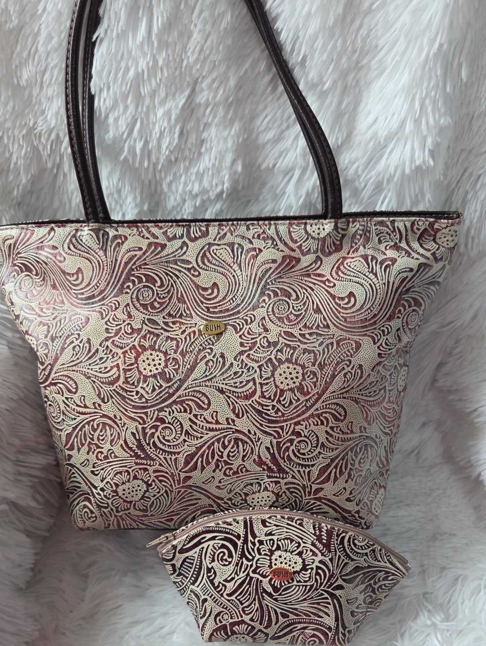 Floral Embossed Burgundy Tote Bag with Matching Pouch